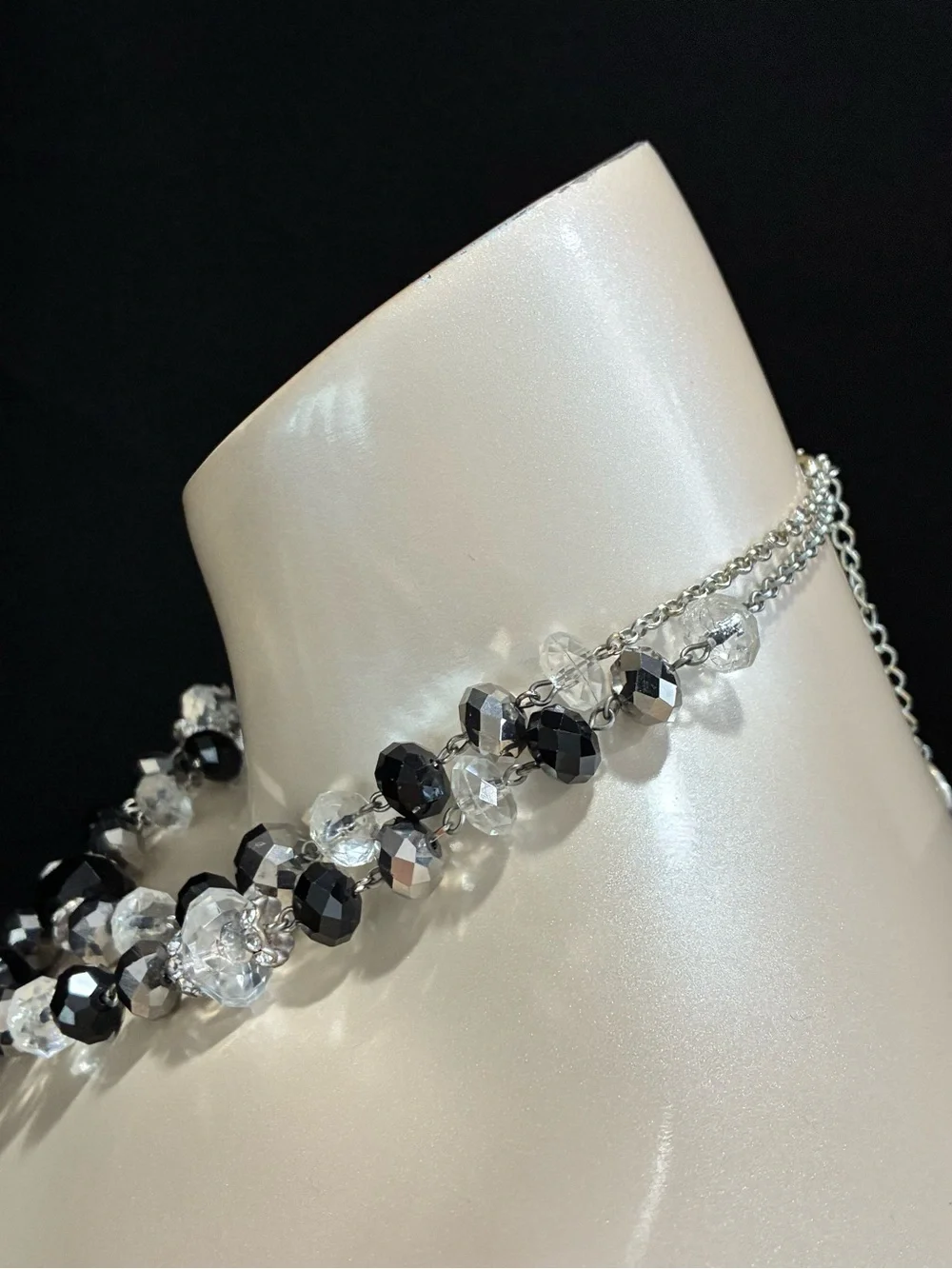 Classic Black & Silver Faceted Crystal Double-Strand Statement Cocktail Necklace